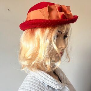 Vintage 60s Womens Red Wool Bowler Hat Orange Grosgrain Ribbon Netting Buttons